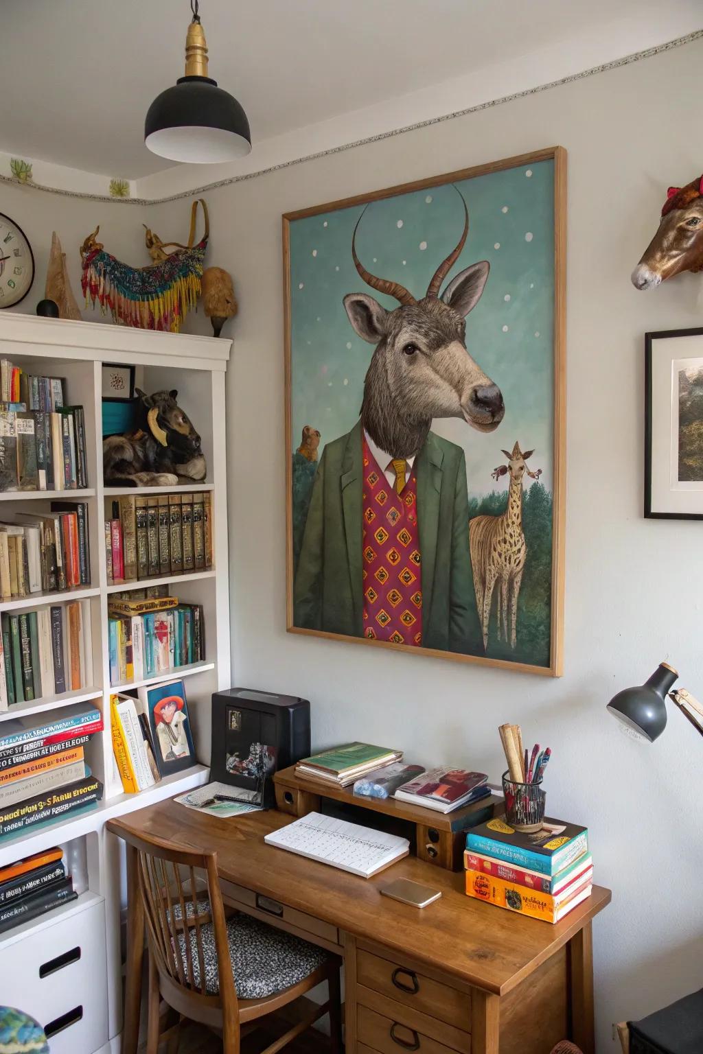 A bizarre animal combination injecting whimsy into a study room.