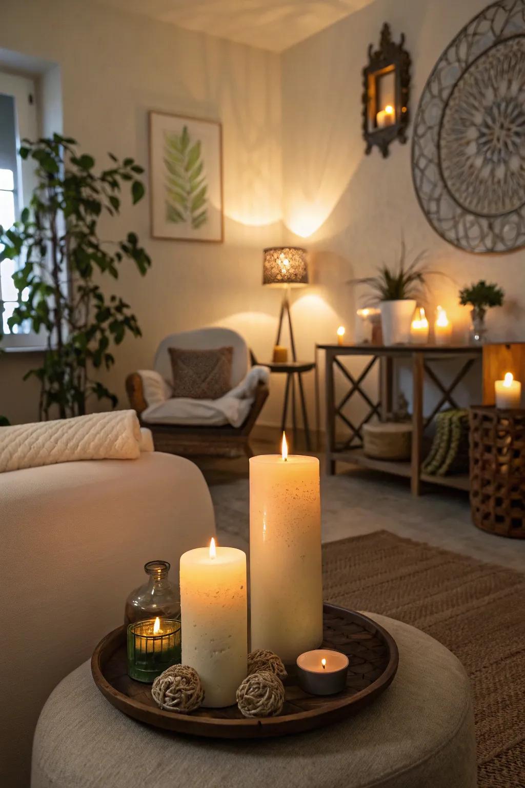 Scented candles create a cozy welcome home.
