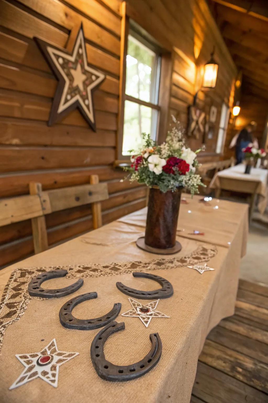 Western decor like horseshoes feature a playful touch to your table.