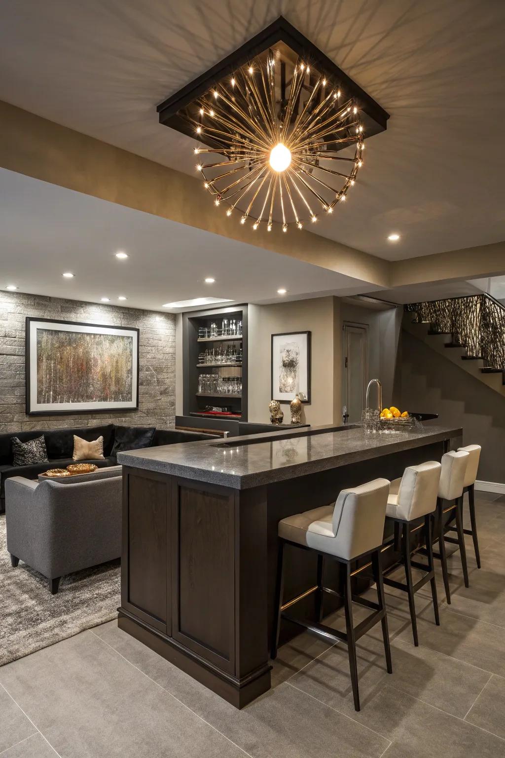 Statement lighting can transform your wet bar into an elegant and welcoming area.