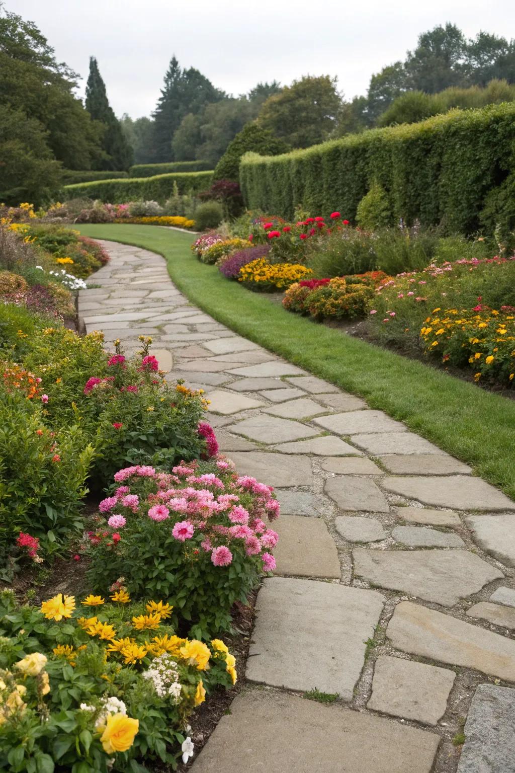 Garden borders adding color and definition to a paver path.