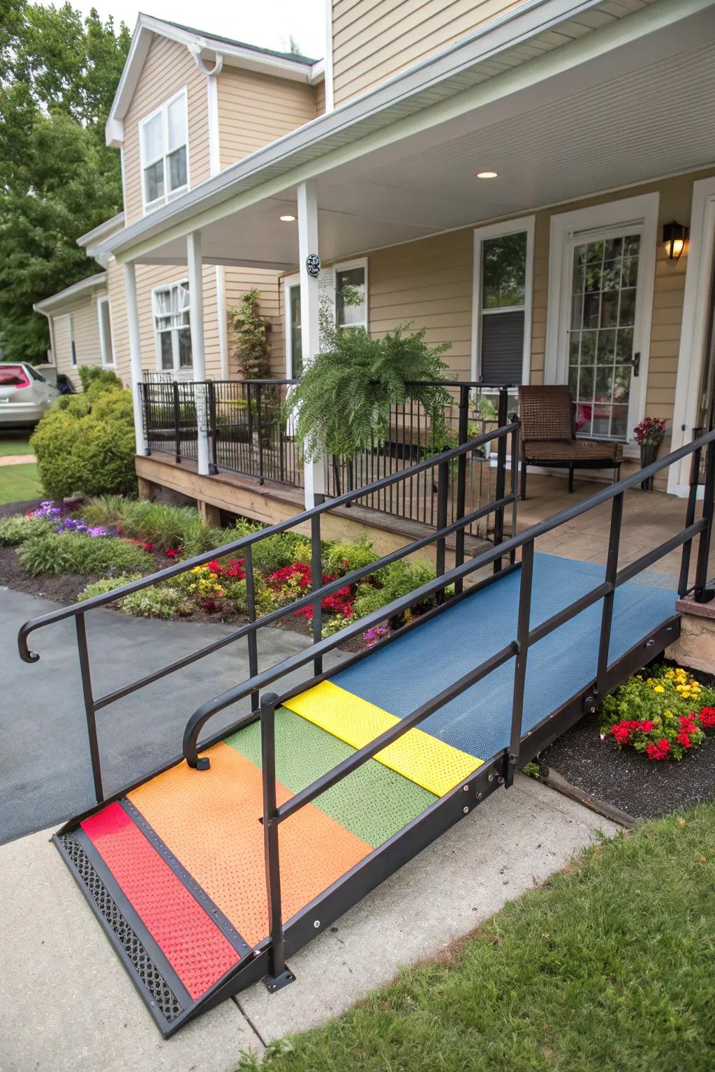 A ramp with colorful accents that adds a splash of personality to the entrance.