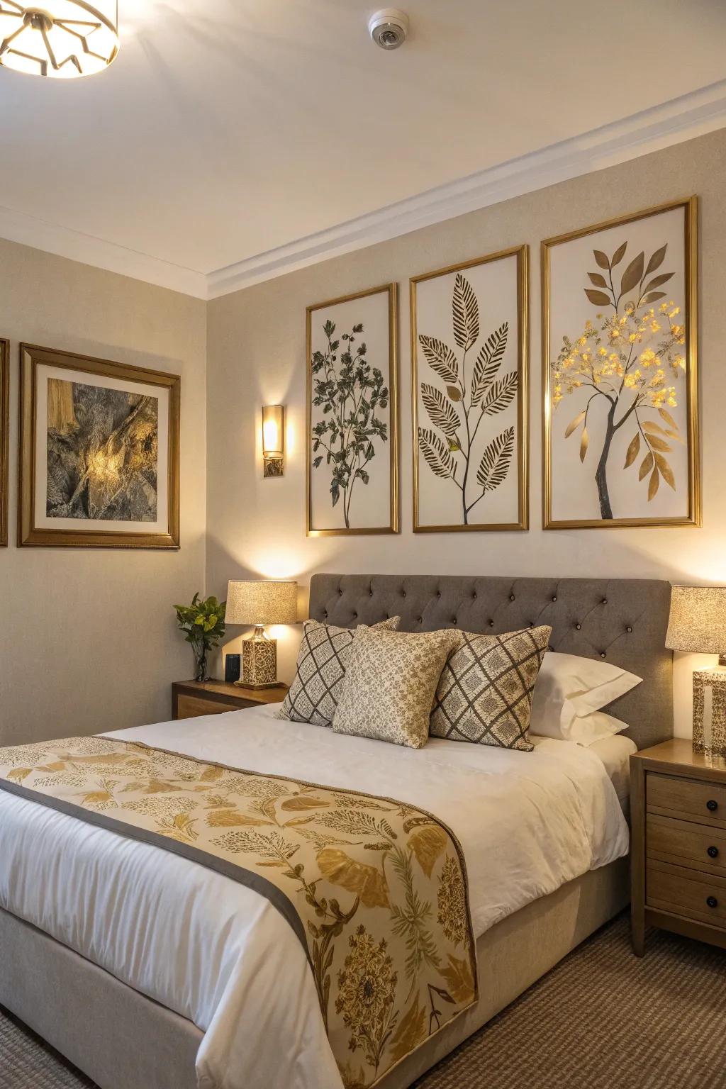 Artwork accented with gold adds depth and a unique touch.
