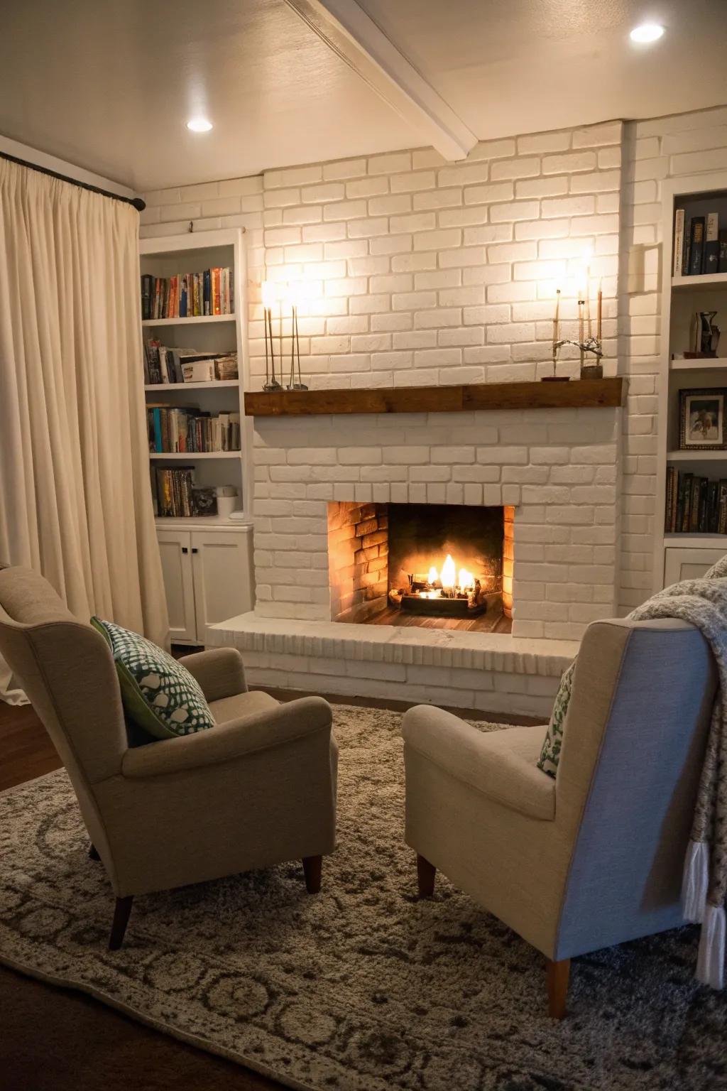 An inviting seating arrangement encourages warmth and togetherness around the fireplace.