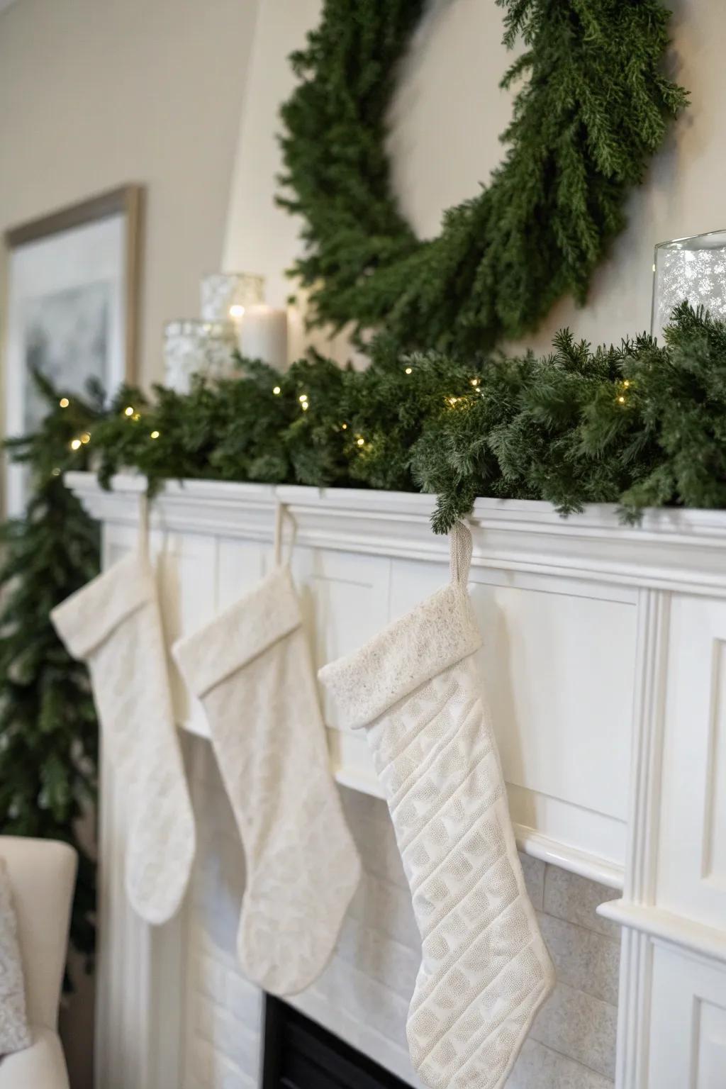 Stockings and garlands that match the snowy theme.