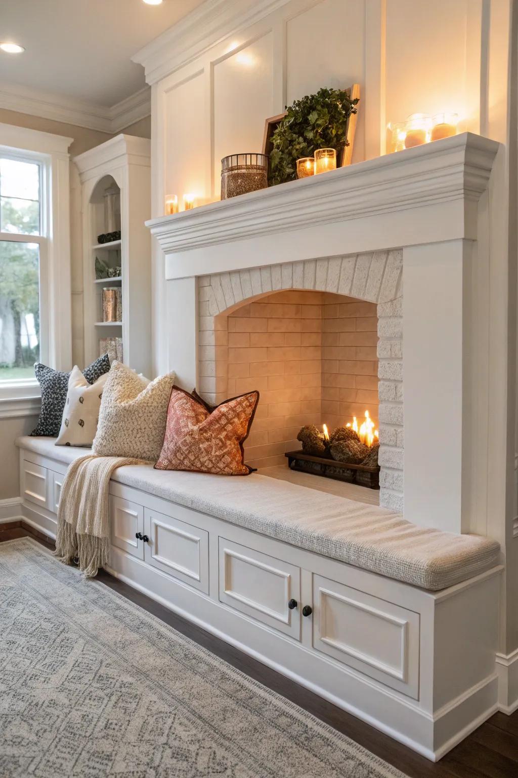 A white fireplace with an integrated seating offers a perfect spot for relaxation.