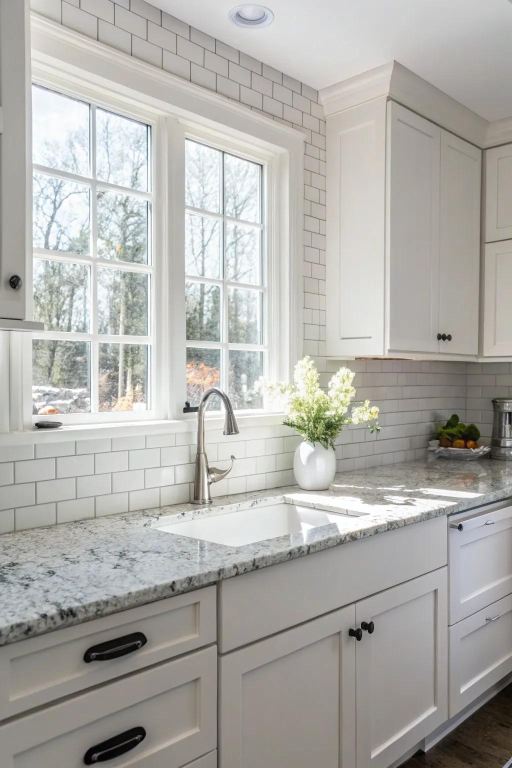 A simple, minimalist design featuring frost white granite and white cabinetry.