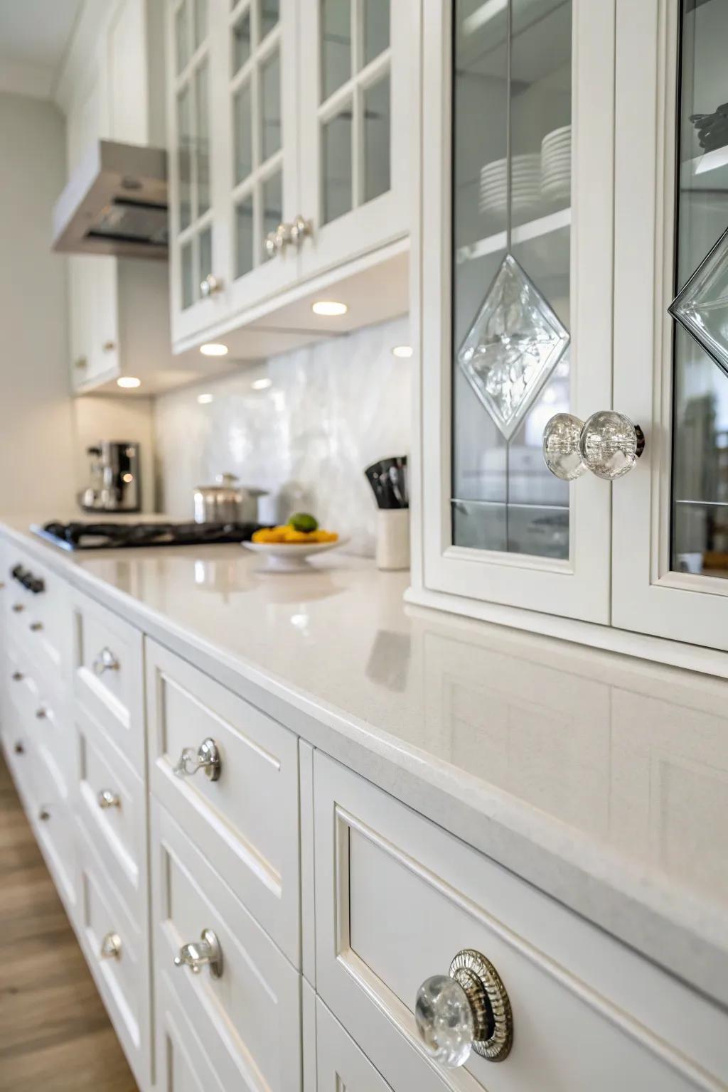 Elegant crystal orbs bringing sparkle to an ivory kitchen.