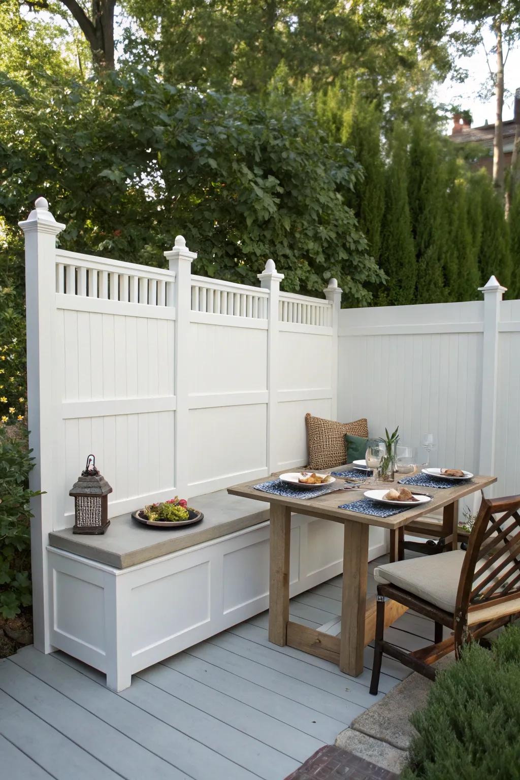 Integrated seating transforms a white privacy fence into a multifunctional space.