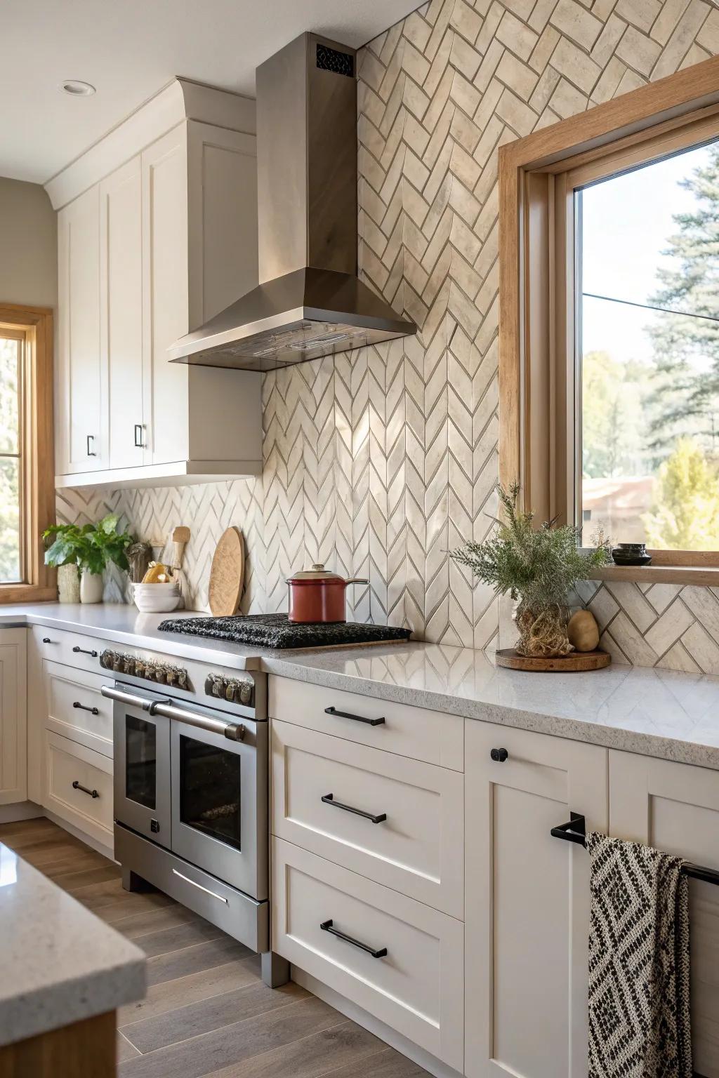 Herringbone design crystalized stone backsplash that adds motion to the cooking area.