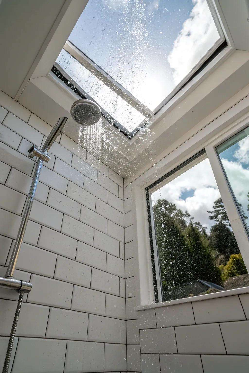 A white shower beautifully lit by natural light.