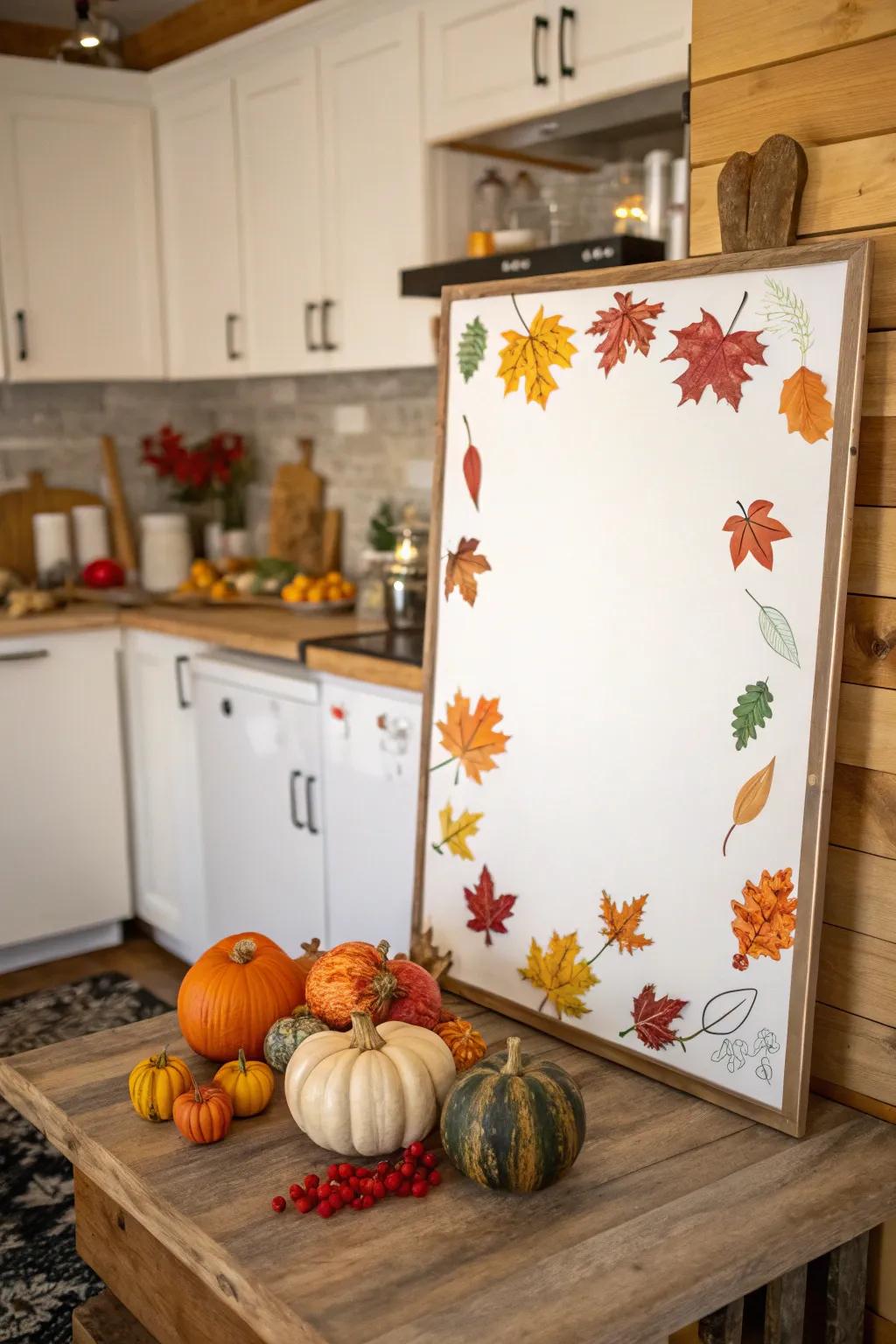 Seasonal decor transforms this whiteboard for autumn.
