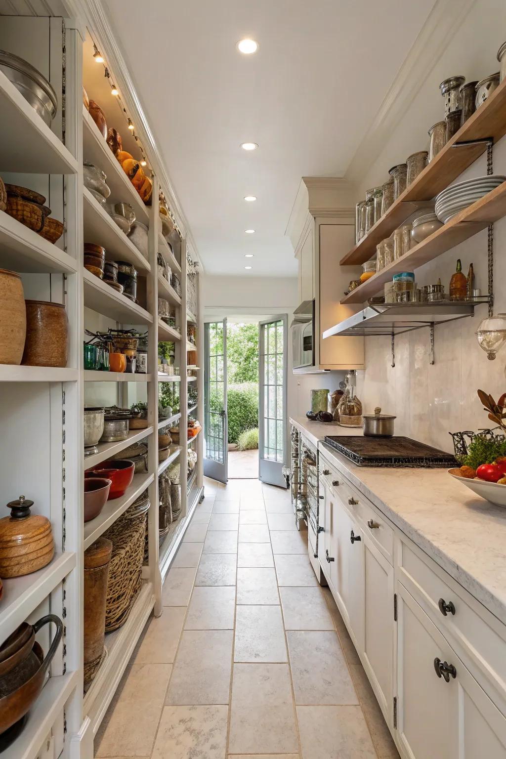 Accessible shelving merging function and style in a wide galley kitchen.