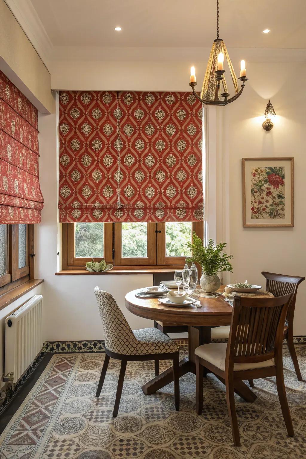 A vibrant covering injects character into the dining space.