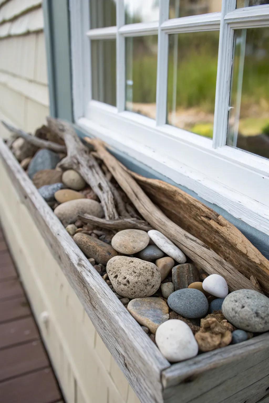 Natural artwork using driftwood and stones in a window box