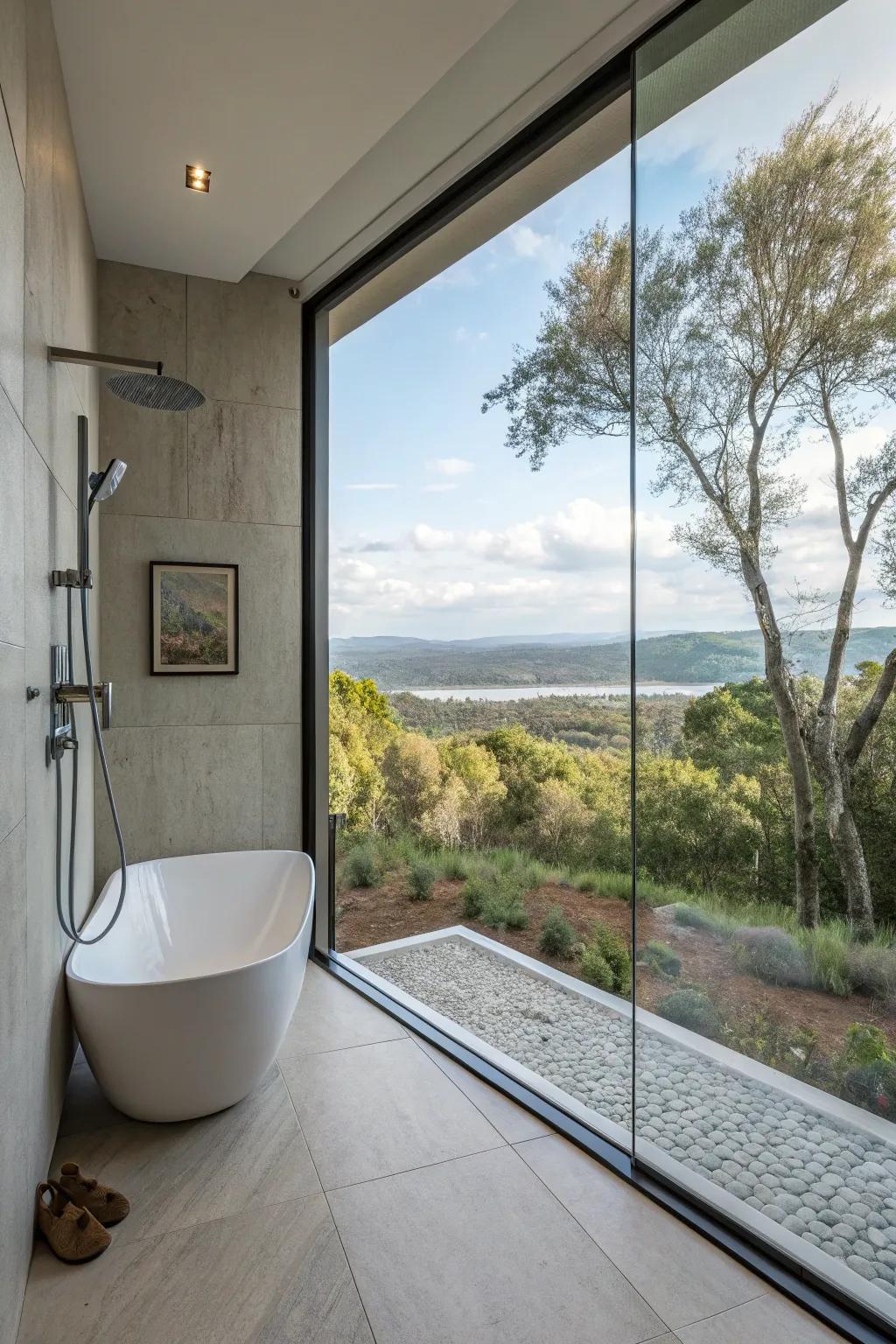 A picture window grants a stunning view from the shower.