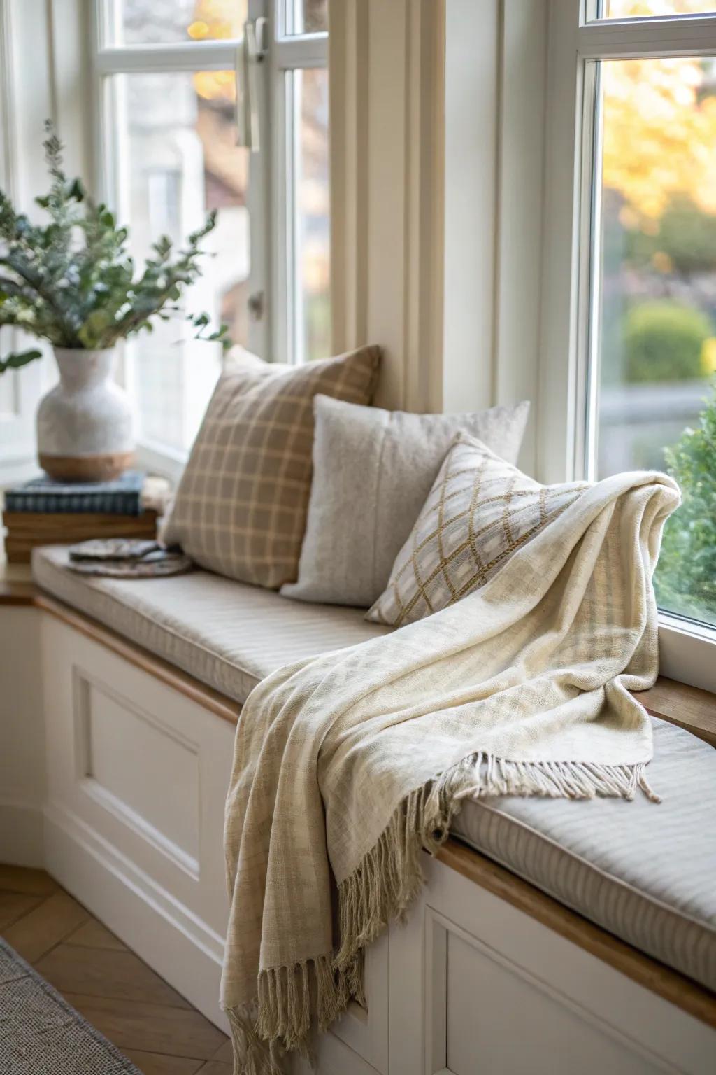 A windowsill turned into a comfy seating area.