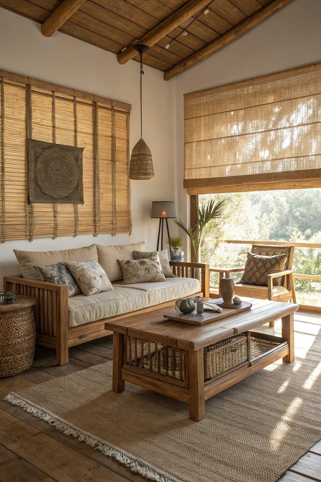Establish warmth using window treatments made from organic textures.