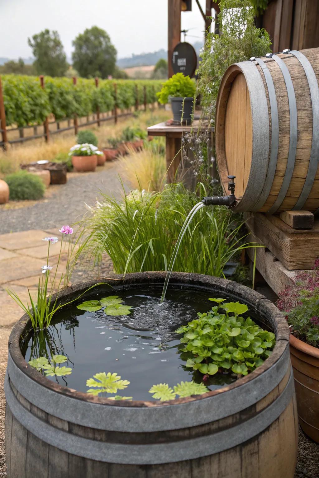 A tranquil water garden in a wine cask.