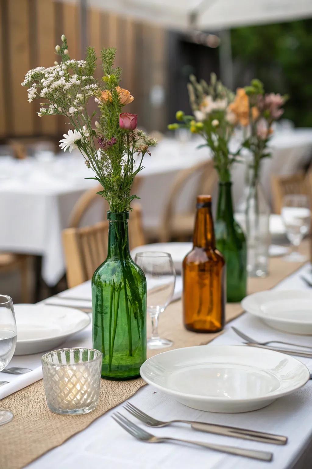 Colored glass bottles contribute vibrant visual interest to your table.