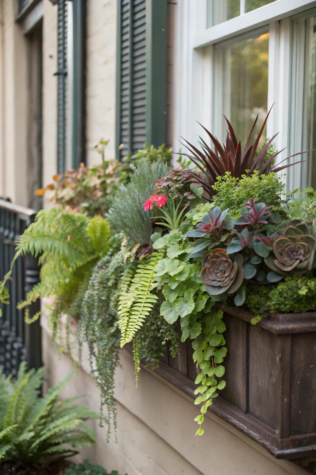 Layering adds dimension and richness to window boxes.