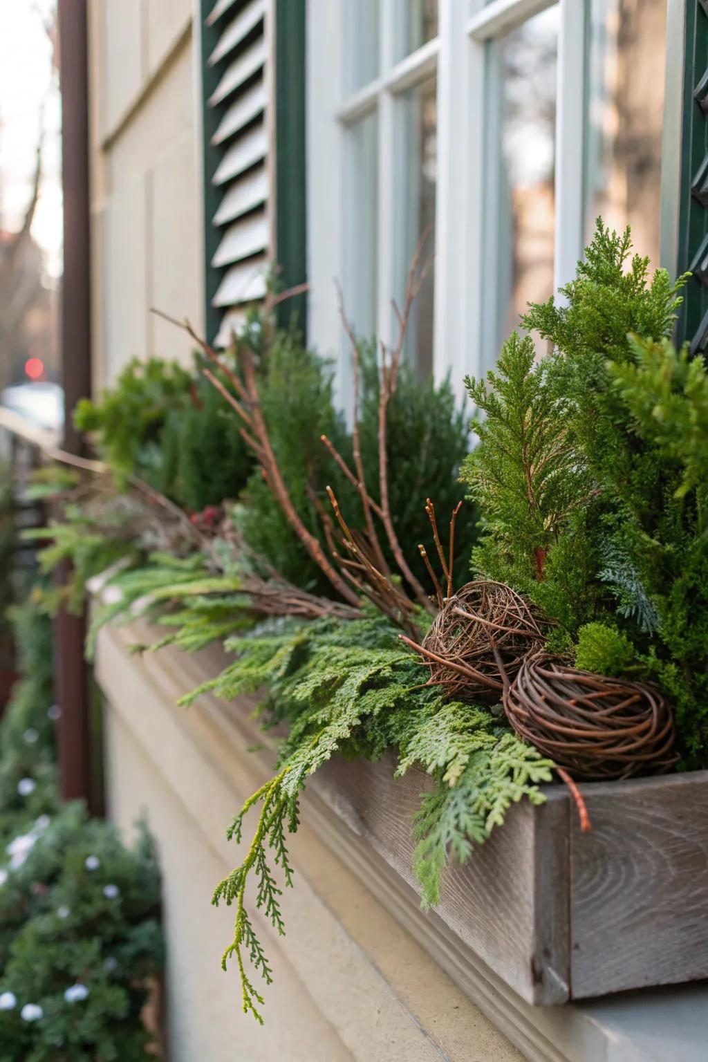 Natural twigs offer structure and height to this winter window box.