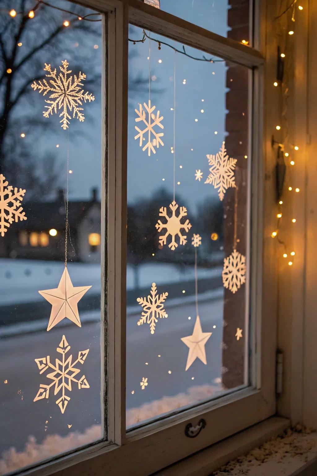 Delicate snowflakes and stars create a serene winter mood.