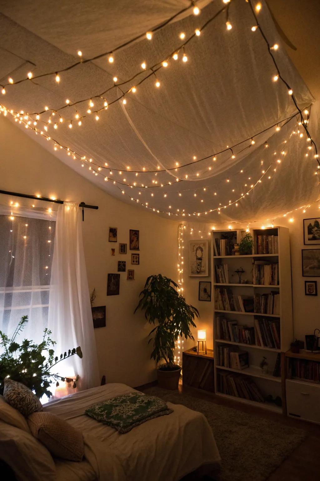 Fairy lights contribute a warm, enchanting atmosphere.