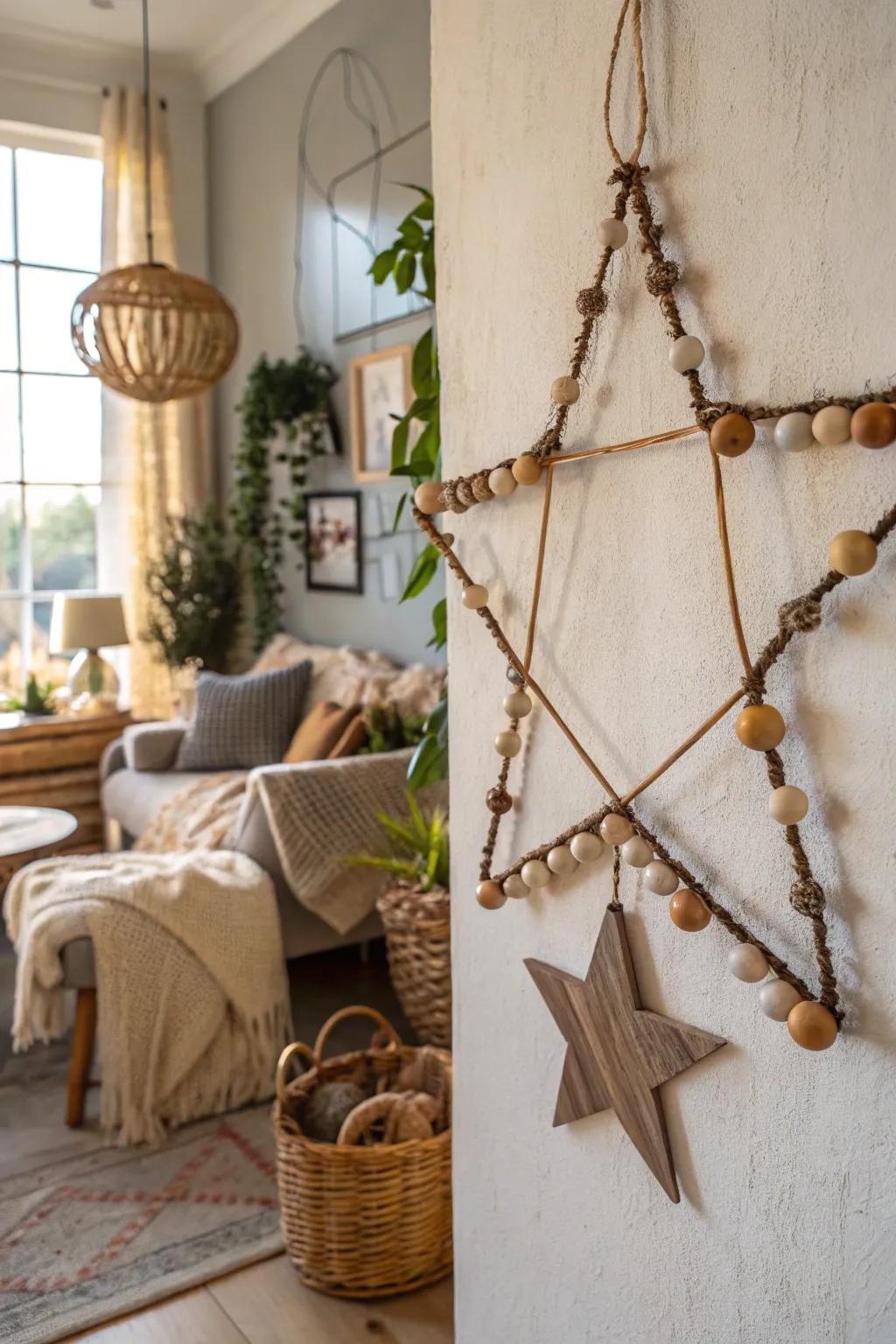 A boho beaded star wreath introduces organic charm to your space.