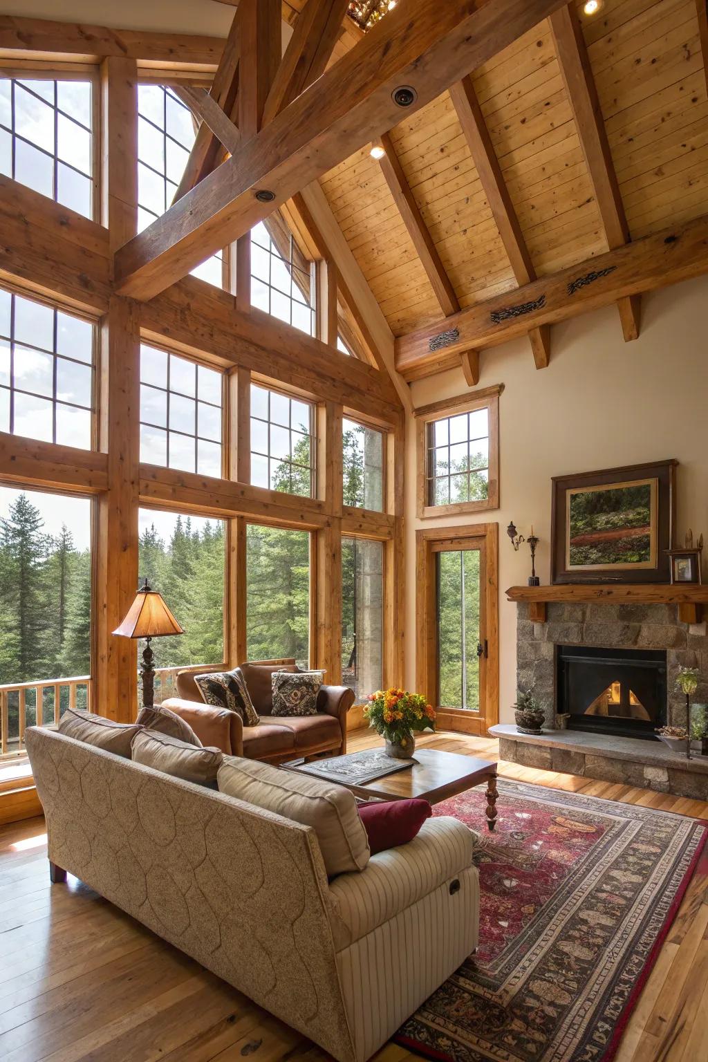 A bright and airy living room featuring wood beams and expansive windows.