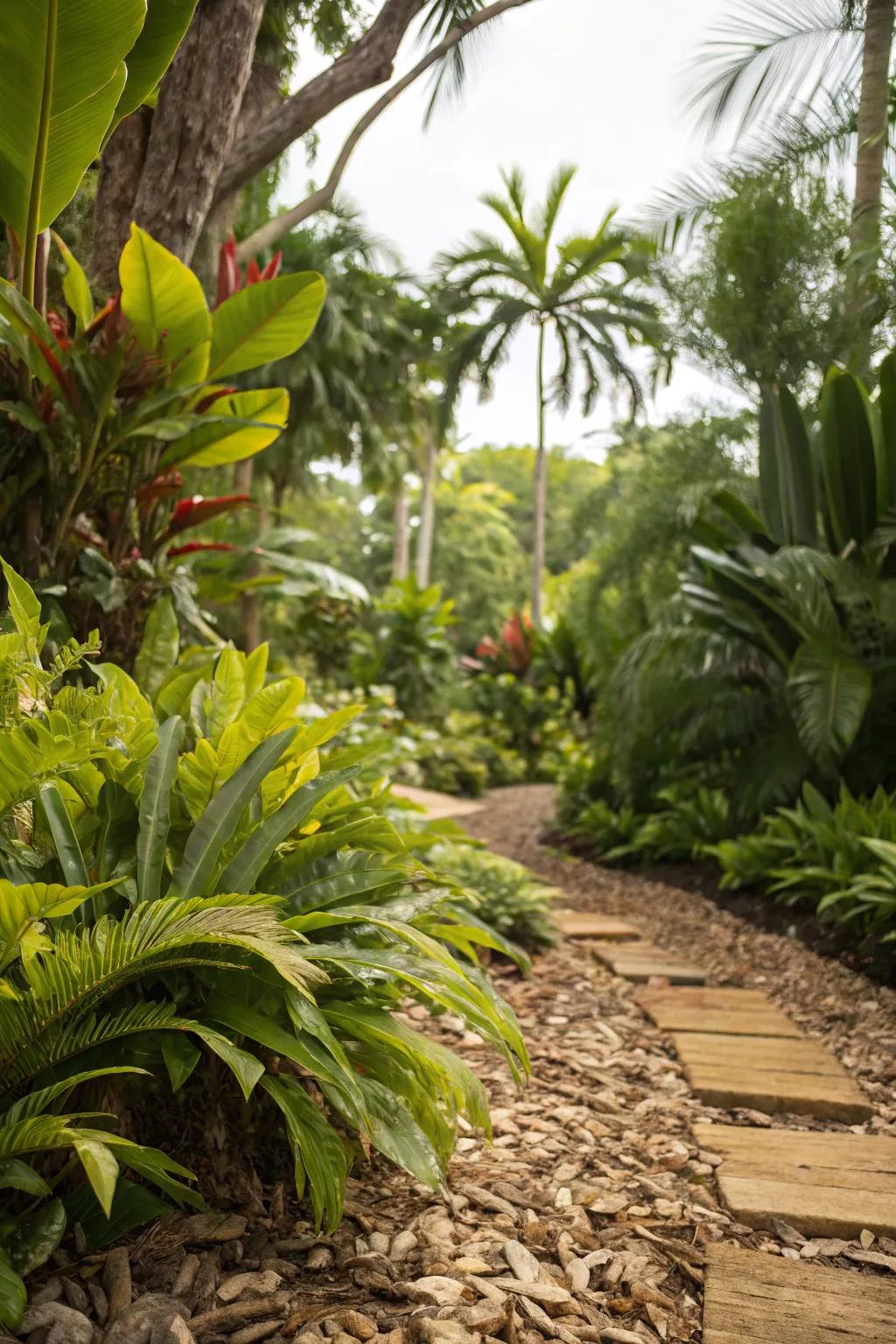 Bark nuggets complement the lush greenery of a tropical garden.