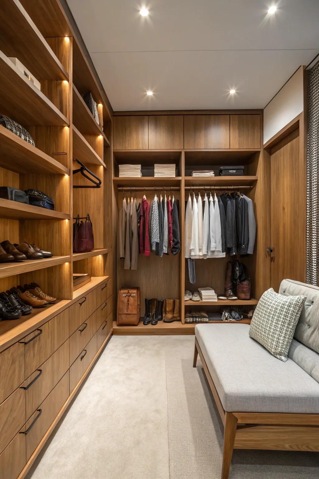 A walk-in closet transitions into a personal sanctuary.
