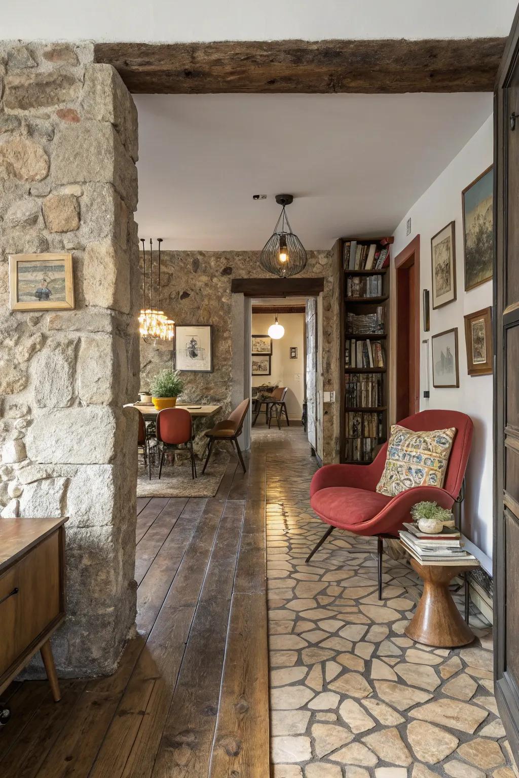 An eclectic interior showcasing a textured shift from stone to hardwood flooring.