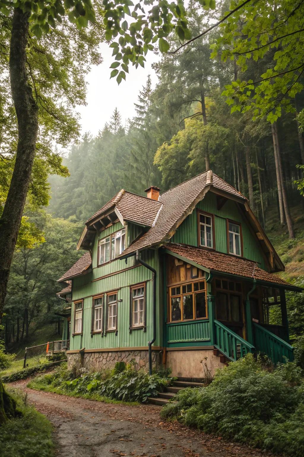 A wood house that blends seamlessly with its forest surroundings using complementary natural colors.