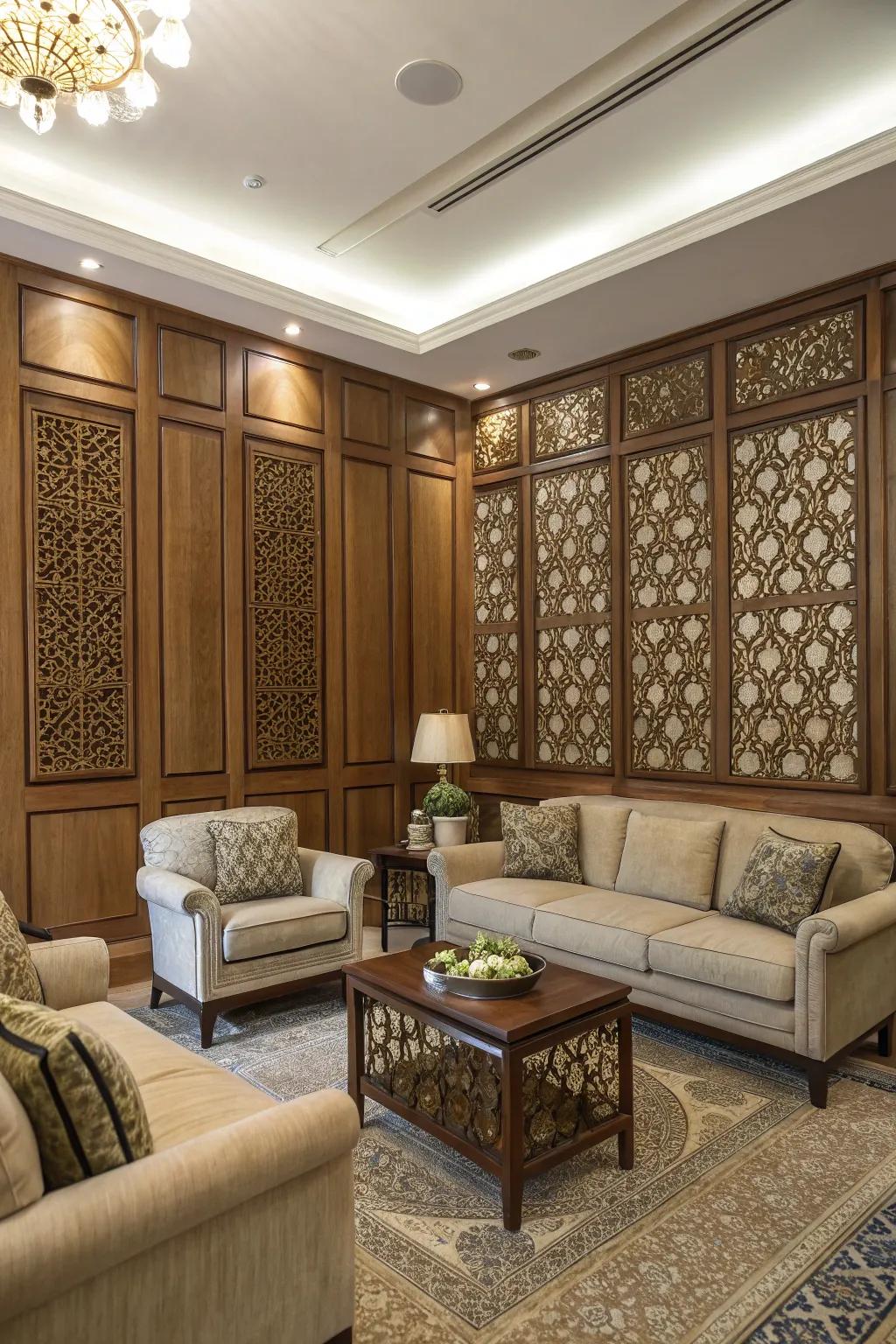 A living room with wooden surface decor adding depth and warmth.