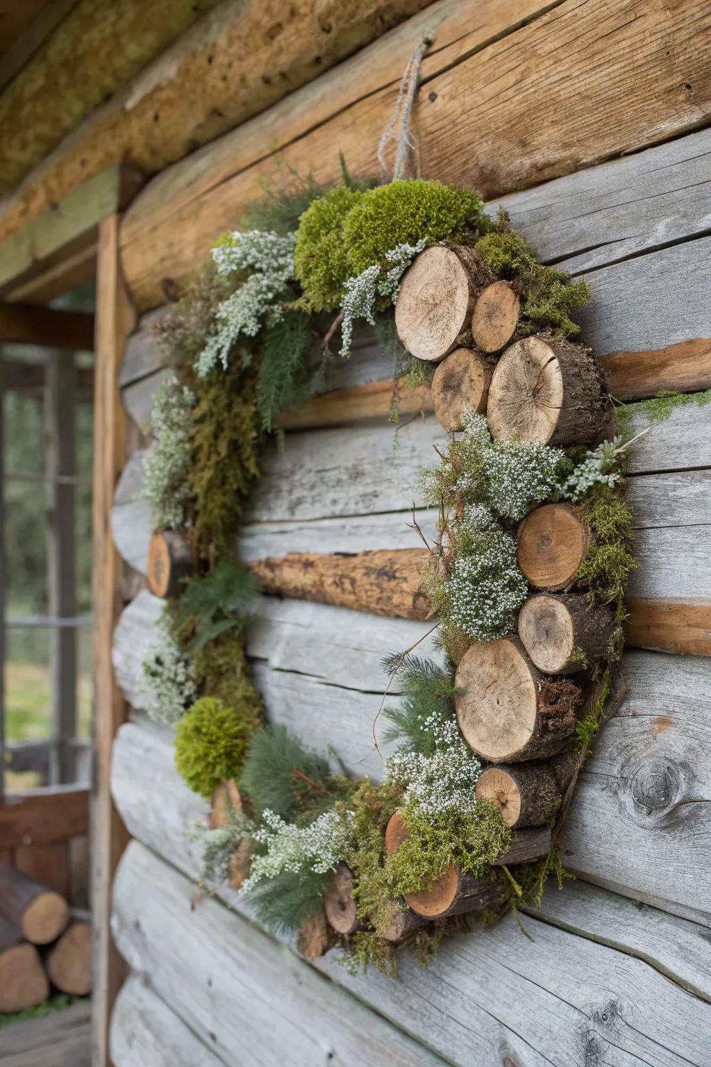 Nature-inspired wreath using moss provides a forest-like feeling.