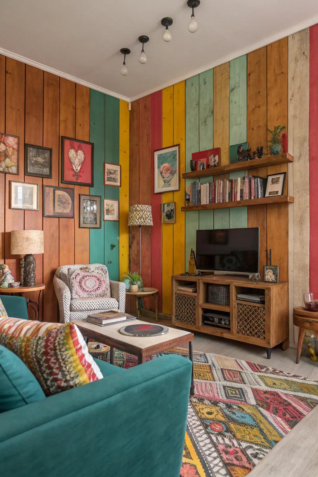A joyful living space featuring colorful wood paneling.