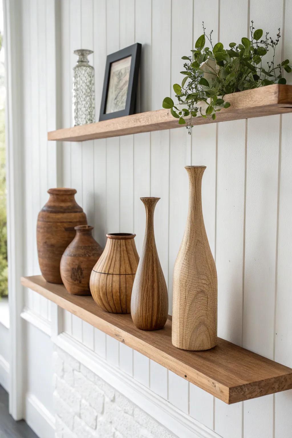 Craft a striking display using wooden vases on a floating shelf.