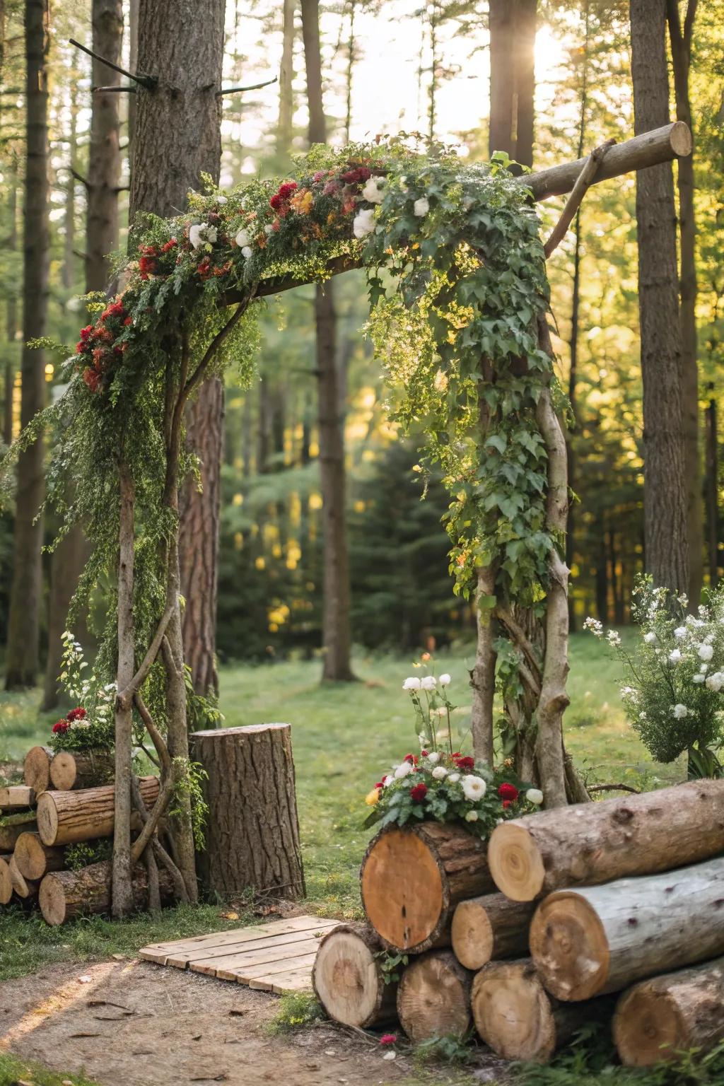 A woodland-themed area evokes the beauty of nature throughout your wedding.