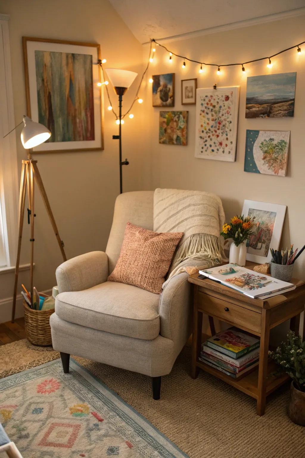 A relaxation nook provides a peaceful retreat within the studio.