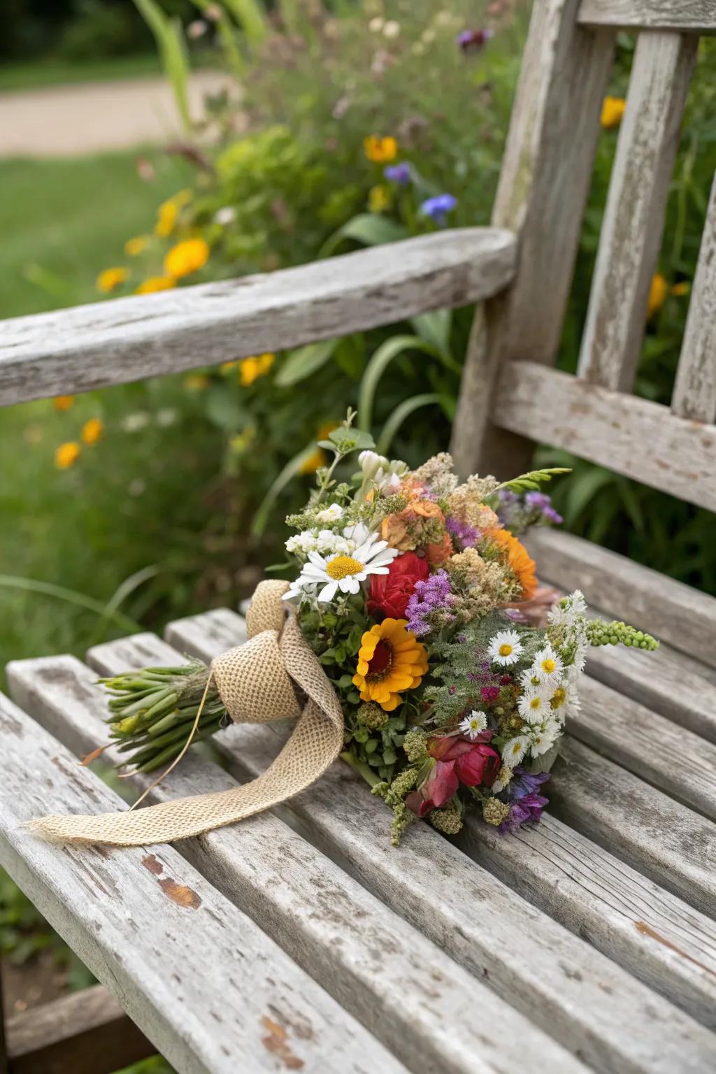 Natural wrist corsage showcasing charming wildflowers.