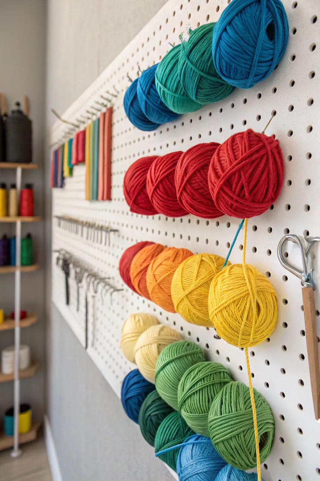 A pegboard wall turns yarn into a vibrant piece of art.