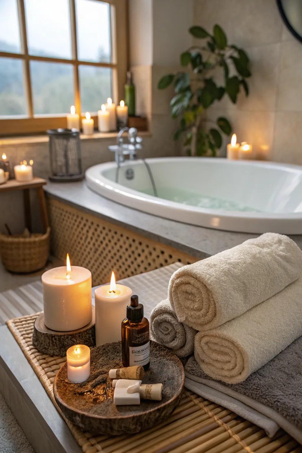 Spa items enhance the relaxation journey in a zen bathroom.