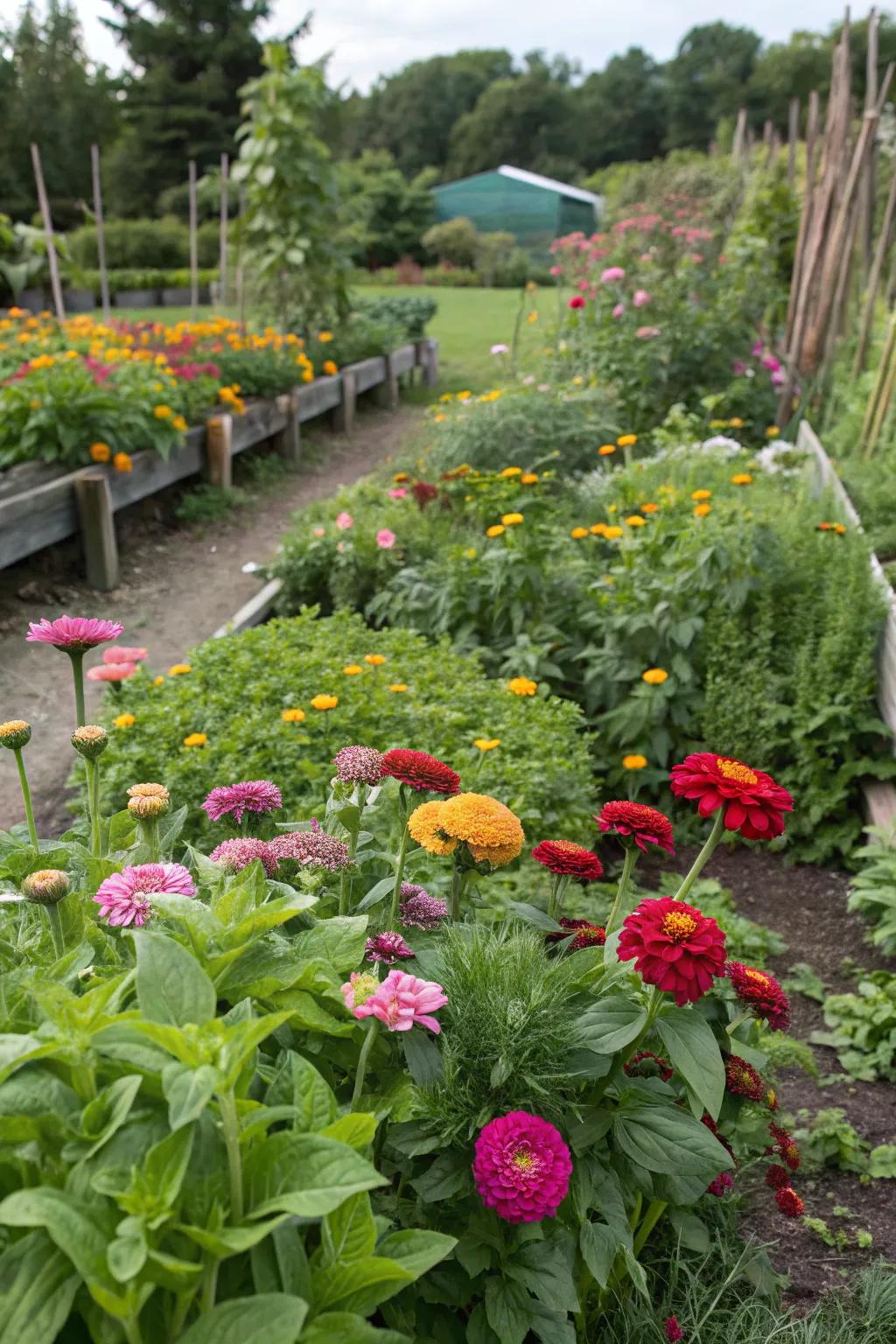 A vibrant nutritious garden showcasing 'Blooms of Joy' among seasonings and greens.