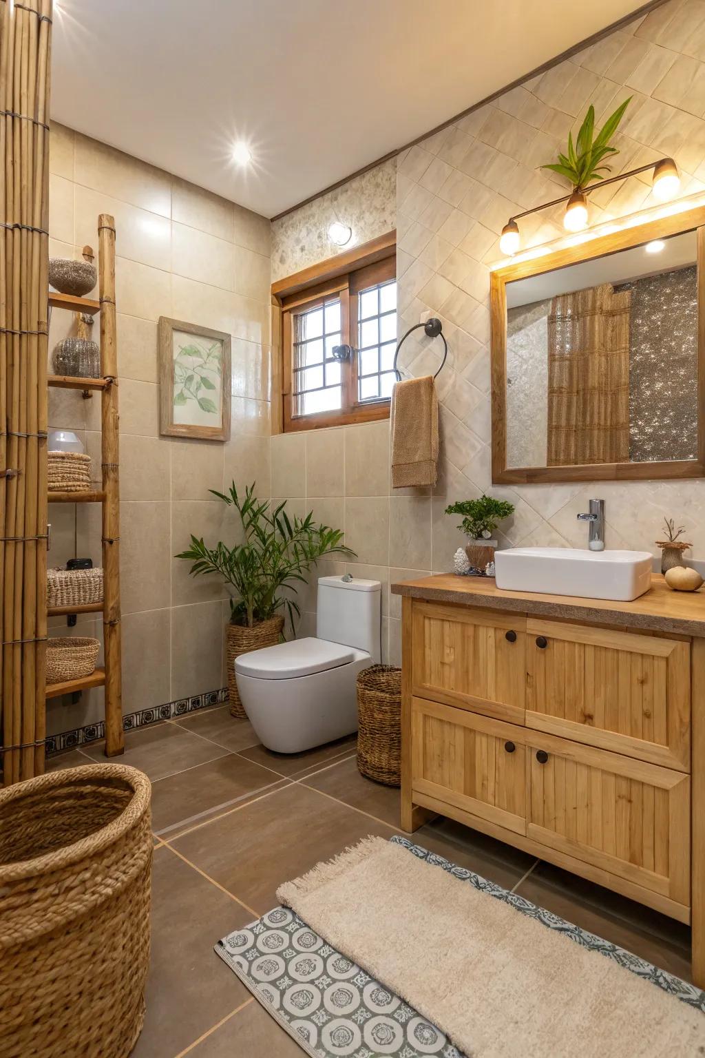 An eco-friendly bathroom featuring sustainable materials and natural elements.