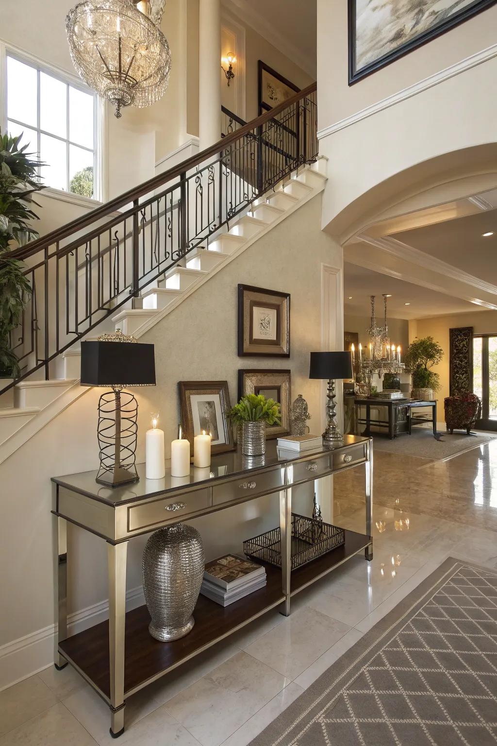 Functional furniture like a console table adds style and utility.