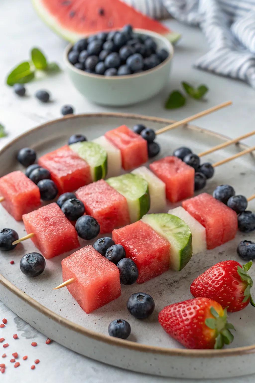 Cool down with refreshing fruit skewers in red, white, and blue.