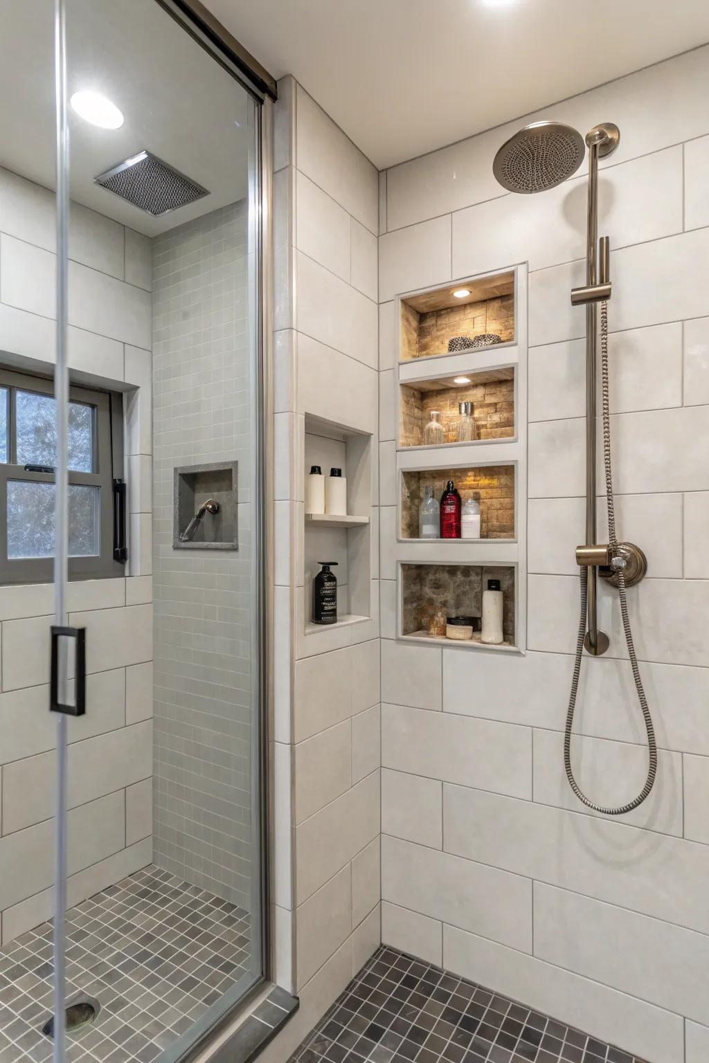 Built-in spots provide practical and fashionable storage options.