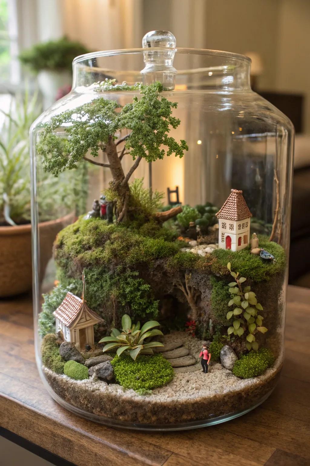 A storybook small scale world terrarium showcasing charming details.