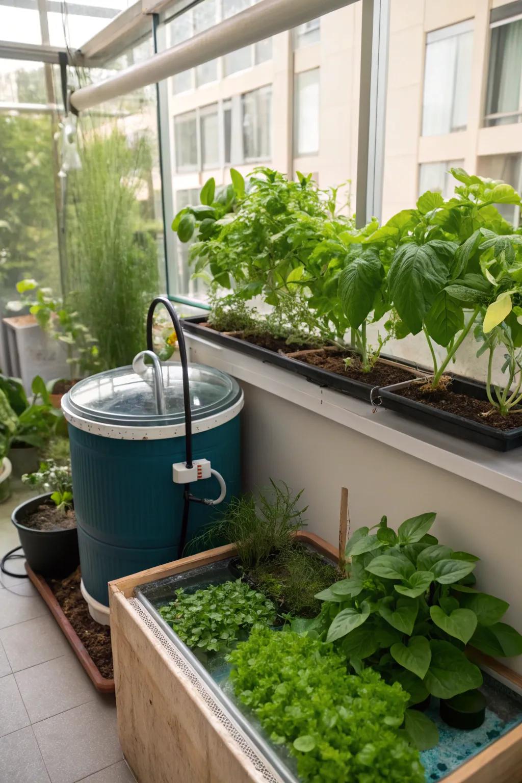 Aquaponics blends storing water with indoor gardening.